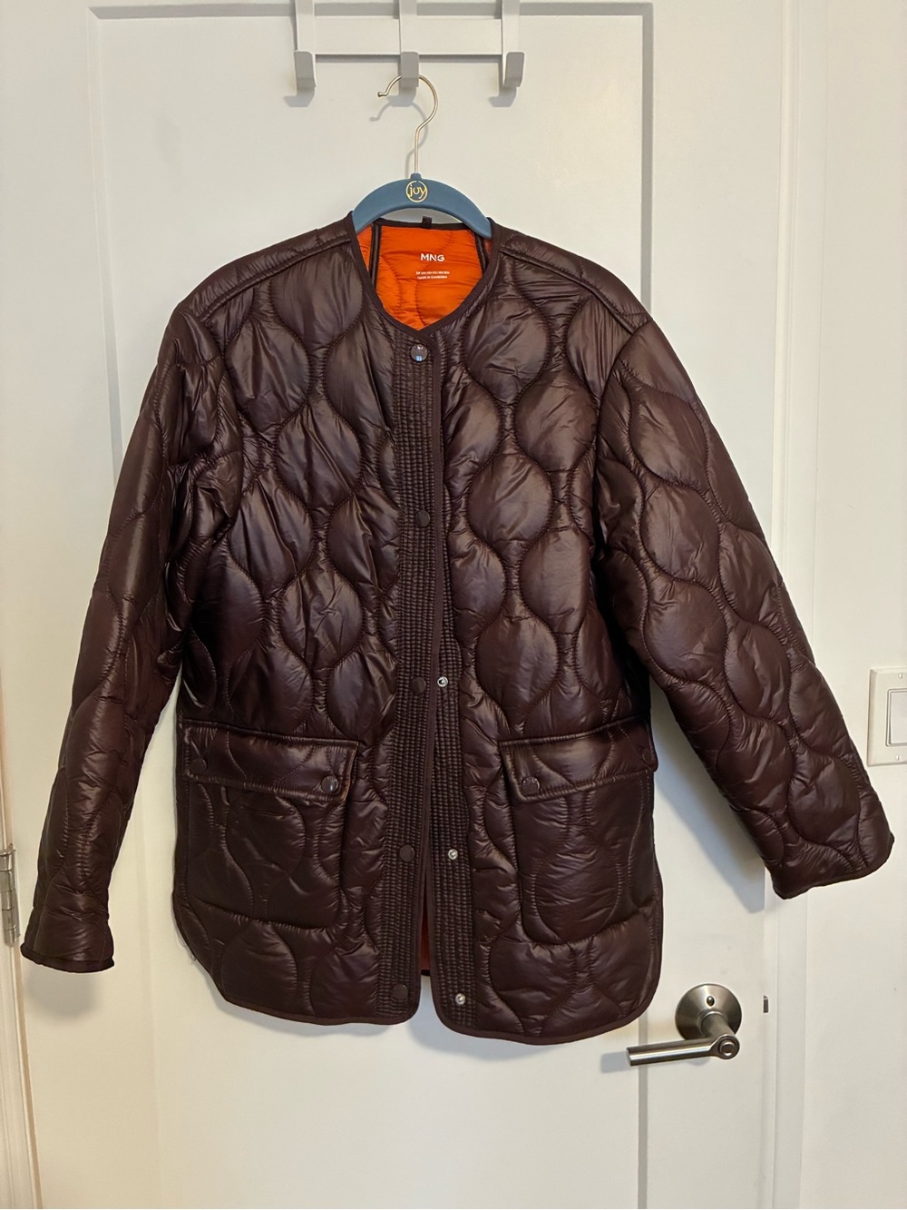 Mango Oversized Quilted Puffer Jacket in Brown with Orange Lining Size XXS